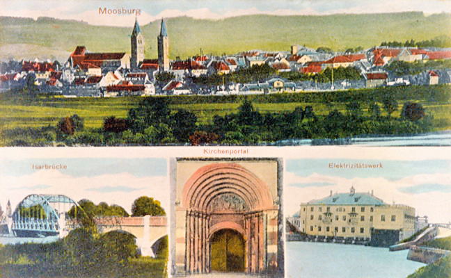 Postkarte um 1910, Moosburg von Westen mit Isarbrcke, Portal Kastulusmnster und E-Werk