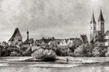 1865 abgebranntes Rathaus auf Ausschnitt Lithographie um 1850