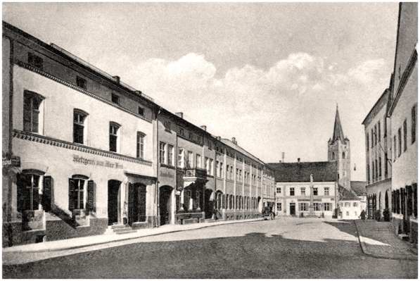 Moosburg, Oberer Marktplatz, Ausschnitt Postkarte 22.07.1928