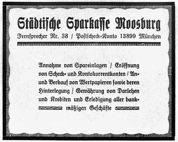 Anzeige der Stdtischen Sparkasse Moosburg  1927