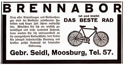 Anzeige der Fa. Gebr. Seidl, Moosburg Stadtplatz, 1927