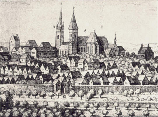 Johanniskirche und Kastulusmünster nach einem Stich von Merian (1644)