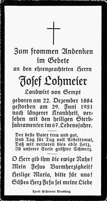 Sterbebildchen Josef Lohmeier, *1884 †1951