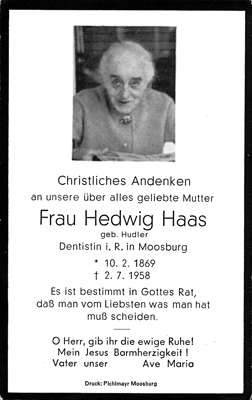 Sterbebildchen Hedwig Haas, *1869 †1958