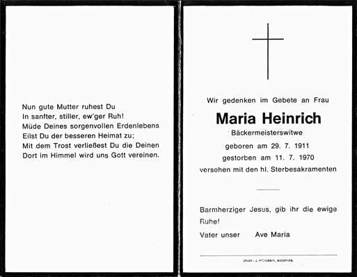 Sterbebildchen Maria Heinrich, *29.07.1911 †11.07.1970