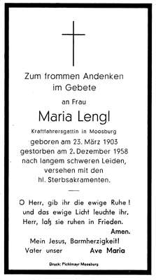 Sterbebildchen Maria Lengl, *23.03.1903 †02.12.1958