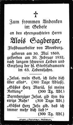 Sterbebildchen Alois Sagberger, *30.05.1869 †20.02.1932