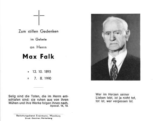 Sterbebildchen Max Falk, *12.10.1893 †07.08.1990