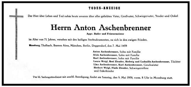 Todesanzeige Anton Aschenbrenner, *02.04.1888 †07.05.1959