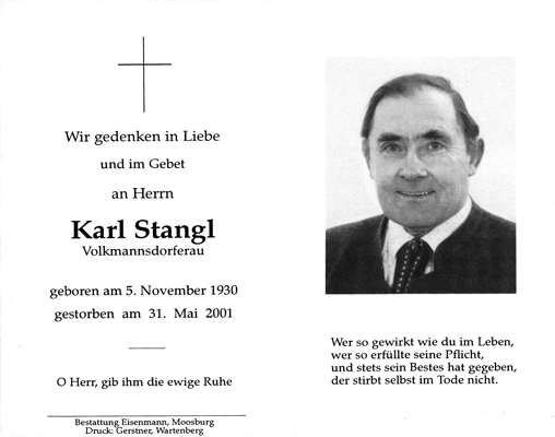 Sterbebildchen Karl Stangl, *05.11.1930 †31.05.2001