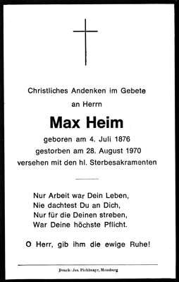 Sterbebildchen Max Heim, *04.07.1876 †28.08.1970