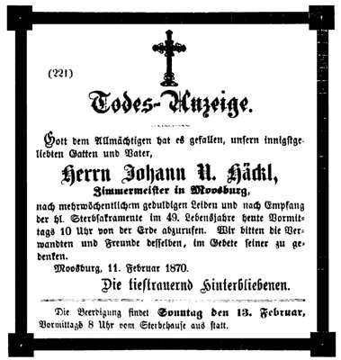 Todesanzeige Johann Hckl (*31.07.1820 †11.02.1870)