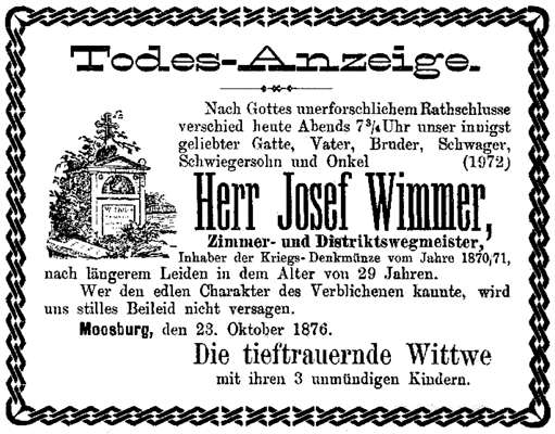 Todesanzeige Josef Wimmer *1847 †23.10.1876