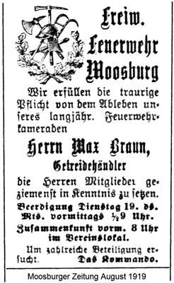 Anzeige zum Tode von Max Braun, *1860 †1919