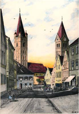 Stadtplatz, Aquarell von Valentin Ott 1936