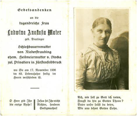 Sterbebildchen Ludwina Anastasia Maier *1853 †1936