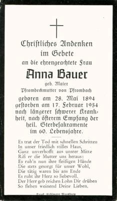 Sterbebildchen Anna Bauer, *1894 †1954