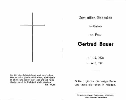 Sterbebildchen Gertrud Bauer, *1908 †1991