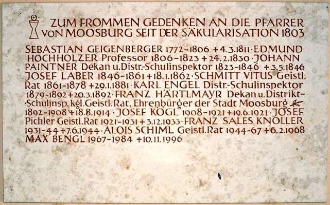 Gedenktafel Pfarrer von Moosburg seit 1803