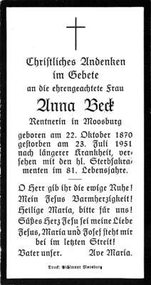 Sterbebildchen Anna Beck, *1870 †1951