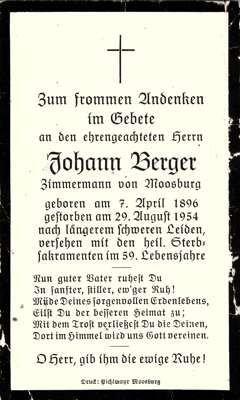 Sterbebildchen Johann Berger, *1896 †1954