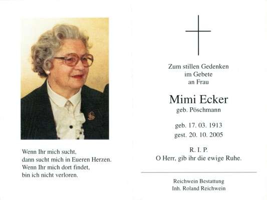 Sterbebildchen Mimi Ecker, *1913 2005