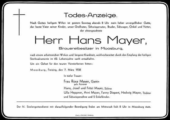 Todesanzeige Johann Mayer *1876 1938