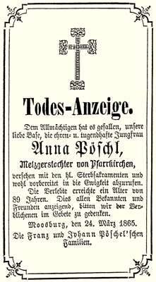 Todesanzeige Anna Pschl *1776 1865