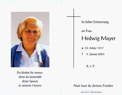 Sterbebildchen Hedwig Mayer, *1917 †2004