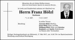 Todesanzeige Franz Hlzl, *01.09.1927 †13.05.2017