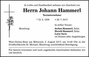 Todesanzeige Johann Hammerl, *23.05.1939 †28.07.2017