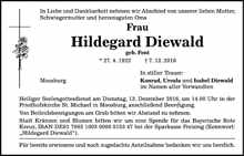 Todesanzeige Hildegard Diewald, *27.04.1922 †07.12.2016