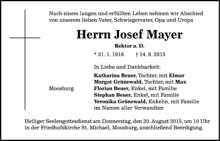 Todesanzeige Josef Mayer, *31.01.1916 †14.08.2015