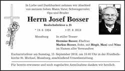 Todesanzeige Josef Bosser, *19.06.1924 †27.08.2018