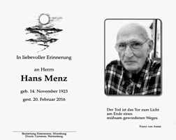 Sterbebildchen Hans Menz *14.11.1923 †20.02.2016