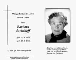 Sterbebildchen Barbara Steinhoff *21.04.1920 †25.01.2015