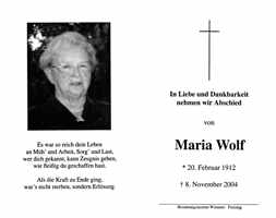 Sterbebildchen Maria Wolf *20.02.1912 †08.11.2004