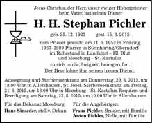 Todesanzeige H.H. Stephan Pichler *25.12.1923 †15.08.2015