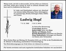 Todesanzeige Ludwig Hupf, *05.12.1948 †16.11.2016