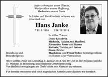 Todesanzeige Hans Janke, *13.03.1958 †24.12.2018