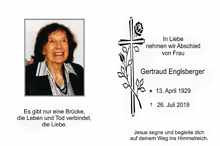 Sterbebildchen Gertraud Englsberger, *13.04.1929 †26.07.2019