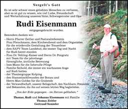 Danksagung Rudi Eisenmann, *28.02.1939 †17.05.2019