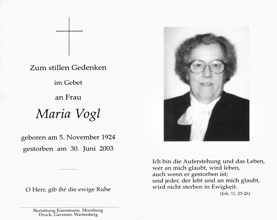 Sterbebildchen Maria Vogl, *05.11.1924 †30.06.2003