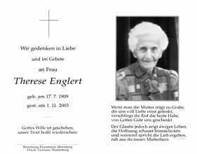 Sterbebildchen Therese Englert, *17.07.1909 †01.11.2003