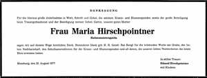 Danksagung Maria Hirschpointner, *14.01.1923 †14.08.1977