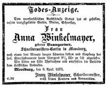 Todesanzeige Anna Winkelmayer *? †06.04.1876