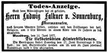 Todesanzeige Ludwig Falkner von Sonnenburg *1843 †1877