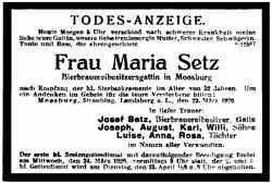 Todesanzeige Maria Setz, *31.01.1868 †22.03.1920