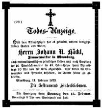 Todesanzeige Johann Hckl (*31.07.1820 †11.02.1870)