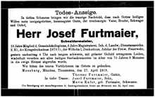 Todesanzeige Josef Furtmaier *31.08.1848 †27.04.1919